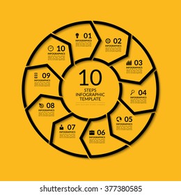 Infographic circle template. Simple black concept banner with 10 options, steps, parts. Can be used for graph, report, presentation, diagram, chart, web design