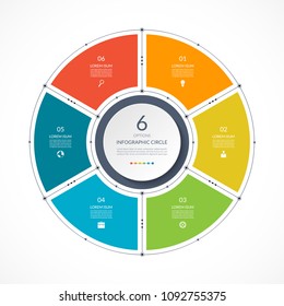 Infographic Circle In Thin Line Flat Style. Business Presentation Template With 6 Options, Parts, Steps. Vector Illustration