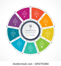 Infographic circle in thin line flat style. Business presentation template with 9 options, parts, steps. Vector illustration