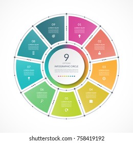 Infographic Circle In Thin Line Flat Style. Business Presentation Template With 9 Options, Parts, Steps. Can Be Used For Cycle Diagram, Graph, Round Chart.