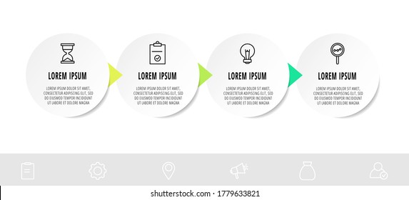 círculos infográficos con 4 pasos, flechas. Plantilla de vector de línea. Se puede utilizar para diagrama, negocio, diseño de flujo de trabajo, presentaciones, diagrama de flujo, gráfico de información, escala de tiempo, contenido, niveles.