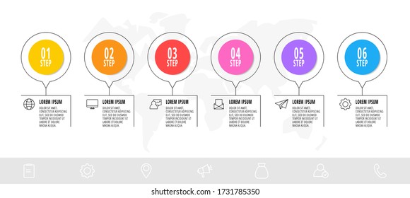 Infographic circles with 6 steps, arrows. Line vector template. Can be used for diagram, business, web, workflow layout, presentations, flow chart, info graph, content, levels.