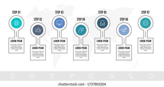 círculos infográficos con 7 pasos, etiquetas. Plantilla de vector de línea. Se puede usar para negocios, web, banner, diseño de flujo de trabajo, presentaciones, diagrama de flujo, gráfico de información, escala de tiempo, niveles.