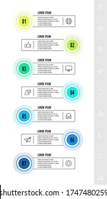 Infographic circles with 7 steps, labels. Line vector template. Can be used for business, web, banner, workflow layout, presentations, flow chart, info graph, timeline, levels.
