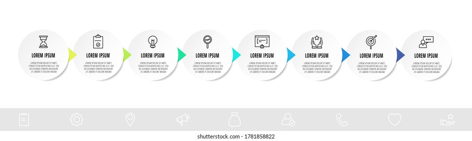 círculos infográficos con 8 pasos, flechas. Plantilla de vector de línea. Se puede utilizar para el diagrama, la pancarta, el diseño del flujo de trabajo, las presentaciones, el diagrama de flujo, el gráfico de información, la línea de tiempo, el contenido, los niveles