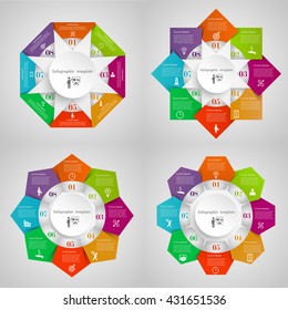 Infographic circles set from Triangles, Squares, Pentagons, Hexagons. Business templates with 8 options with icons and place for your text. Four concepts for your design