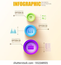 Infographic circles template with colorful round buttons and business icons on bright background vector illustration