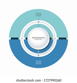 Infographic circular chart divided into 2 parts. Step-by step cycle diagram with two options designed for report, presentation, data visualization.