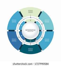 Infographic circular chart divided into 6 parts. Step-by step cycle diagram with six options designed for report, presentation, data visualization.