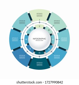 Infographic circular chart divided into 8 parts. Step-by step cycle diagram with eight options designed for report, presentation, data visualization.