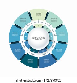 Infographic Circular Chart Divided Into 9 Parts. Step-by Step Cycle Diagram With Nine Options Designed For Report, Presentation, Data Visualization.