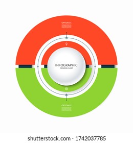 Infografisches Runddiagramm in 2 Teile geteilt. Stufenweise Zyklusdiagramm mit zwei Optionen für Bericht, Präsentation, Datenvisualisierung.