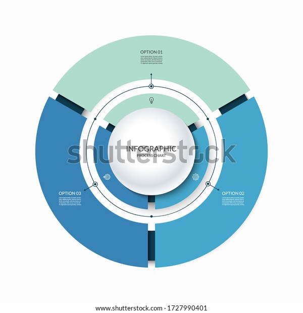 Infographic circular chart divided into 3
parts. Step-by step cycle diagram with three options designed for
report, presentation, data
visualization.