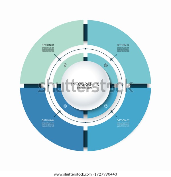Infographic circular chart divided into 4\
parts. Step-by step cycle diagram with four options designed for\
report, presentation, data\
visualization.