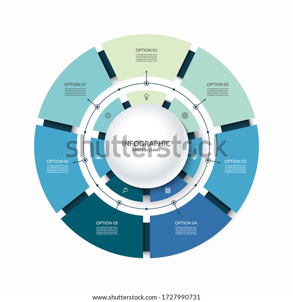 Infographic circular chart divided into 7\
parts. Step-by step cycle diagram with seven options designed for\
report, presentation, data\
visualization.