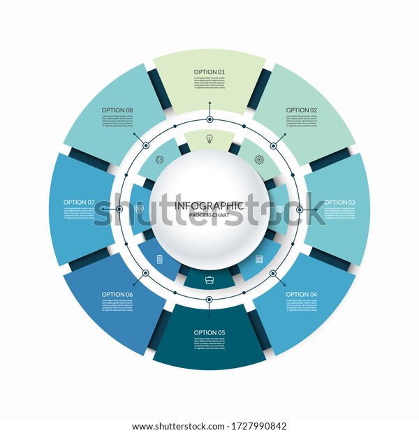 Infographic circular chart divided into 8\
parts. Step-by step cycle diagram with eight options designed for\
report, presentation, data\
visualization.