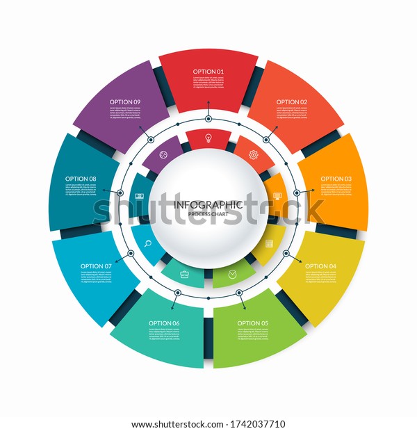 Infographic circular chart divided into 9
parts. Step-by step cycle diagram with nine options designed for
report, presentation, data
visualization.
