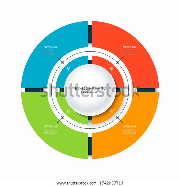 Infographic circular chart divided into 4\
parts. Step-by step cycle diagram with four options designed for\
report, presentation, data\
visualization.