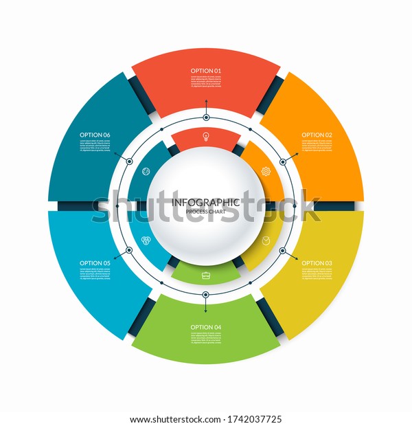 Infographic circular chart divided into 6\
parts. Step-by step cycle diagram with six options designed for\
report, presentation, data\
visualization.