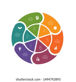 Infographic circular cyclic process 6. Template from colored pie charts and ring. 