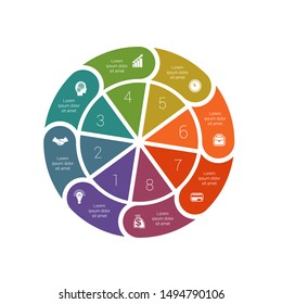 Infographic circular cyclic process 8. Template from colored pie charts and ring.