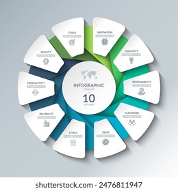 Infographic circular diagram with 10 options. Round chart that can be used for business analytics, data visualization and presentation. Vector illustration.