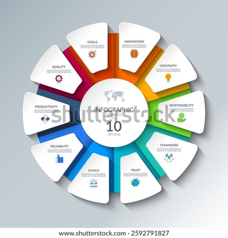 Infographic circular diagram with 10 options. Round chart that can be used for business presentations, educational resources, marketing materials, visualizing data, simplifying complex information.