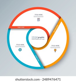 Infographic circular diagram with 3 options. Multi-step process chart with colorful segments, ideal for visualizing data, business strategies, educational concepts.