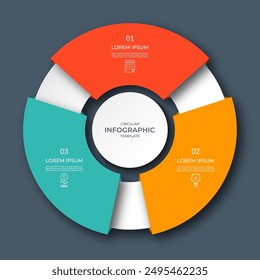 Diagrama circular infográfico con 3 opciones, partes. Gráfico de proceso de tres pasos con segmentos coloridos, aplicable para visualización de datos, presentación, infografías de negocios.