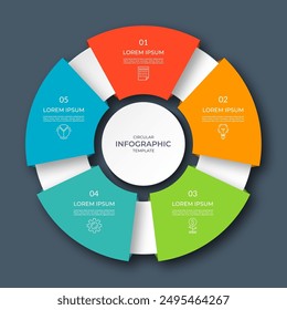 Infographic circular diagram with 3 options, parts. Five-step process chart with colorful segments, applicable for data visualization, presentation, business infographics.