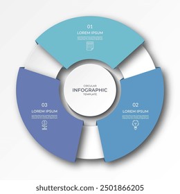 Infographic circular diagram with 3 options, parts. Three-step process chart with colorful segments, applicable for data visualization, presentation, business infographics.