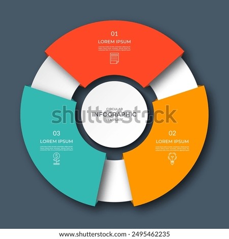 Infographic circular diagram with 3 options, parts. Three-step process chart with colorful segments, applicable for data visualization, presentation, business infographics.
