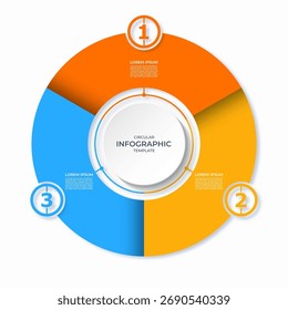 Infographic circular diagram with 3 steps. Round chart with 3 options. Vector template divided into three parts. Can be used for report, business analytics, data visualization and presentation.