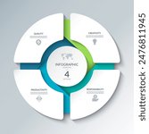 Infographic circular diagram with 4 options. Round chart that can be used for business analytics, data visualization and presentation. Vector illustration.