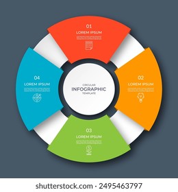 Diagrama circular infográfico con 4 opciones, partes. Gráfico de proceso de cuatro pasos con segmentos coloridos, aplicable para visualización de datos, presentación, infografías de negocios.