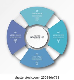 Infographic circular diagram with 4 options, parts. Four-step process chart with colorful segments, applicable for data visualization, presentation, business infographics.
