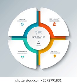 Infographic circular diagram with 4 options. Round chart that can be used for business presentations, educational resources, marketing materials, visualizing data, simplifying complex information.