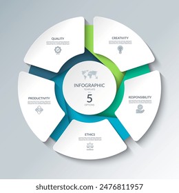 Diagrama circular infográfico con 5 opciones. Gráfico redondo que se puede utilizar para análisis de negocios, visualización de datos y presentación. Ilustración vectorial.