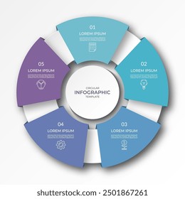 Infographic circular diagram with 5 options, parts. Five-step process chart with colorful segments, applicable for data visualization, presentation, business infographics.