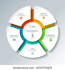 Infographic circular diagram with 5 options. Round chart that can be used for business presentations, educational resources, marketing materials, visualizing data, simplifying complex information.