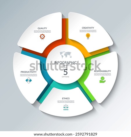 Infographic circular diagram with 5 options. Round chart that can be used for business presentations, educational resources, marketing materials, visualizing data, simplifying complex information.