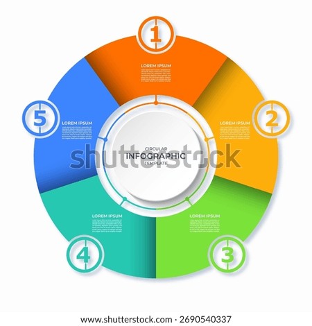 Infographic circular diagram with 5 steps. Round chart with 5 options. Vector template divided into five parts. Can be used for report, business analytics, data visualization and presentation.