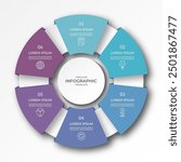 Infographic circular diagram with 6 options, parts. Six-step process chart with colorful segments, applicable for data visualization, presentation, business infographics.