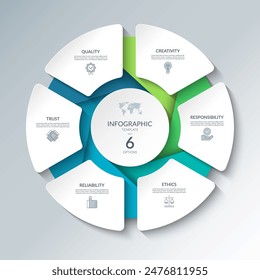 Diagrama circular infográfico con 6 opciones. Gráfico redondo que se puede utilizar para análisis de negocios, visualización de datos y presentación. Ilustración vectorial.