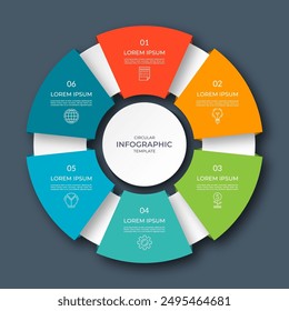 Infographic circular diagram with 6 options, parts. Six-step process chart with colorful segments, applicable for data visualization, presentation, business infographics.