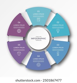 Infographic circular diagram with 6 options, parts. Six-step process chart with colorful segments, applicable for data visualization, presentation, business infographics.