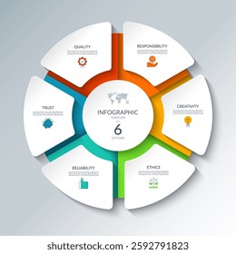 Infographic circular diagram with 6 options. Round chart that can be used for business presentations, educational resources, marketing materials, visualizing data, simplifying complex information.