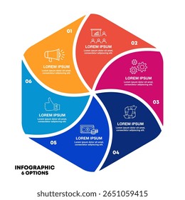 Infographic circular diagram with 6 options. Round chart that can be used for business analytics, data visualization and presentation. Vector eps