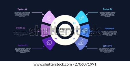 Infographic circular diagram with 6 options, parts. Six step process diagram on dark background, ideal for business infographics, presentations, and data visualization.
