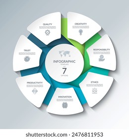 Infographic circular diagram with 7 options. Round chart that can be used for business analytics, data visualization and presentation. Vector illustration.